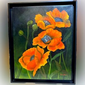 VTG RARE ORIGINAL OIL POPPY PAINTING DIANA BAUER OILS BY DI 18”x22” PICTURE ART